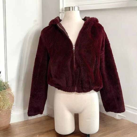 36 Point 5 Sherpa Faux Fur Velvet Jacket Coat Small Burgundy Red Hooded - Picture 1 of 5